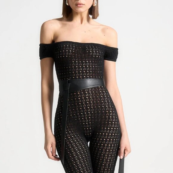 Maniere De Voir Pants - NEVER WORN! Pointelle Knit Bardot Jumpsuit with Belt (SIZE MEDIUM)